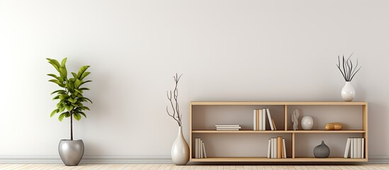 Contemporary living room with wooden bookcase leaf in vase book decoration ball and space on white wall
