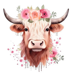 Pink Highland Cow - watercolor illustration, with flowers - obrazy, fototapety, plakaty