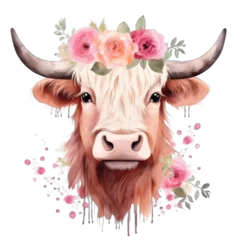 Foto op Canvas Pink Highland Cow - watercolor illustration, with flowers © MelissaMN