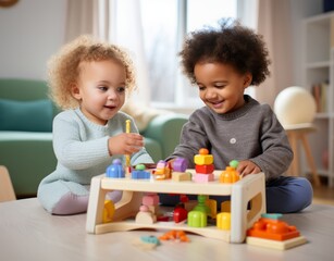 Obraz na płótnie Canvas African american babies playing with blocks at table at home
