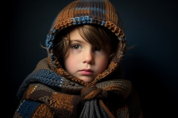 Portrait of a little girl in a warm knitted hat and scarf.