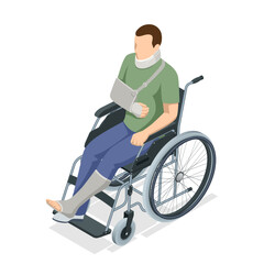 Isometric man with an arm, neck and leg injury in a cast sits in a wheelchair. Social security and health insurance concept. Person with a gypsum and a fixing collar.