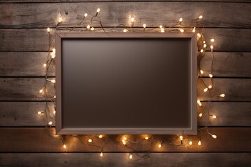 Empty Black Wall Hanging Picture Frame Decorated with fairy lights and copy space Generative Ai