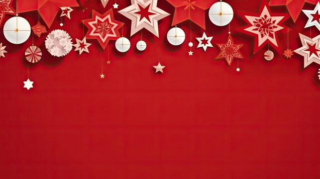 Elegant red Christmas banner, winter background with stars and ball, garland decoration, free space for your text. Christmas, New year party greeting card concept