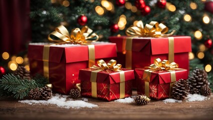 Christmas and New Year background, tree with spheres and gifts on a wooden floor and defocused background with bokeh effect lights, Generative AI