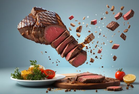 Grill Pork Chops steaks, realistic 3d brisket flying in the air, grilled meat collection, ultra realistic, icon, detailed, angle view food photo, steak composition
