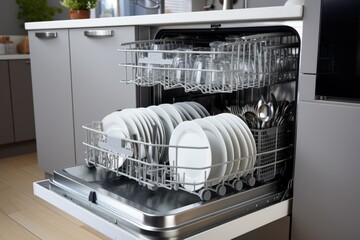 Open dishwasher filled with clean pots, dishes and glasses. Generative Ai - obrazy, fototapety, plakaty