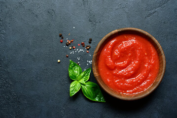 Spicy tomato soup or gazpacho. Top view with copy space.