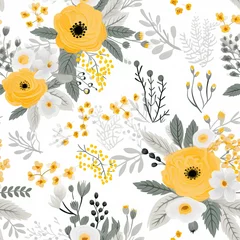 Stof per meter seamless backgrounds with yellow grey flower bouquets and botanical © Vinayaka7