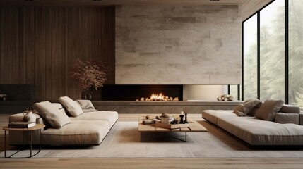 a minimalist living room, showcasing the perfect blend of earthy tones and natural textures