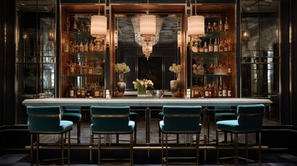 a mirrored back bar and chic seating, setting the stage for an evening of cocktails and conversations