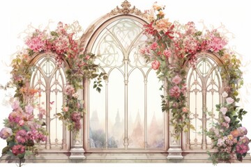 Large Vintage Window Arch decorated with pink Flowers Generative Ai