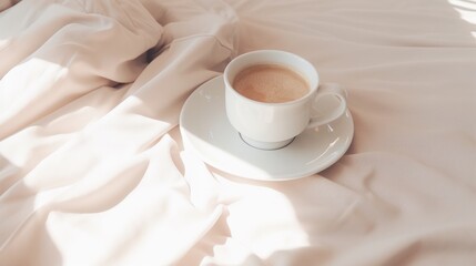 a cup of coffee on the bed, morning coffee in bed