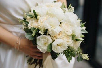 bride with bouquet of white roses and peonies