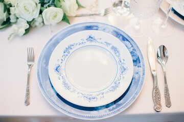 beautiful table setting with flowers decorations and cutlery on table at wedding