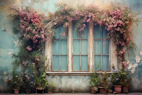 Large Vintage Window Arch decorated with Flowers 
 Generative Ai
