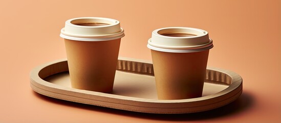 Tea and coffee for take out in cups with lids Brown cup holder and tray