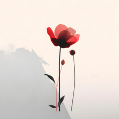 Obraz premium Two red flowers with a mountain in the background