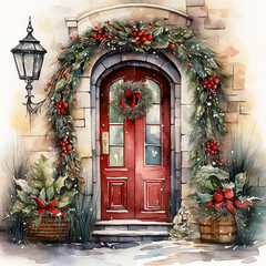 Fototapeta na wymiar winter decoration on the door watercolor