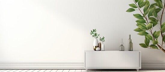 of empty space on a white sideboard with green leaves and fragrance sticks Morning sunlight backdrop templates