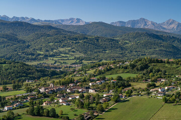 Overhead view of Montjoie-en-couserans in the mountains on a sunny day in the Ariege Pyrenees in southwest France