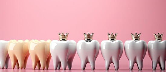 Modern dental concept illustrated with tooth implants and ceramic crowns on colorful background
