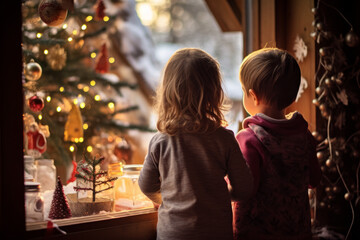 Amidst a Christmas scene, two children are entranced, while a beautiful girl enjoys her time at a...