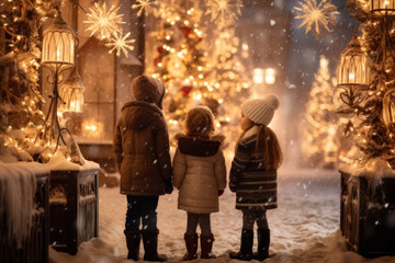 Two youngsters enchanted by a Christmas scene, watching a beautiful girl having a wonderful time at a traditional market, all lit up. Festive charm.