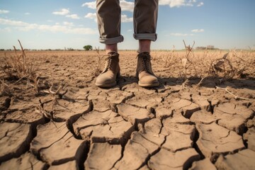Feet of a farmer standing on parched landscape. dried out soil as a result of climate changeGenerative Ai - obrazy, fototapety, plakaty