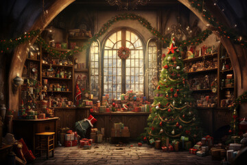 In Santa's North Pole workshop, cheerful elves create gifts for the magical Christmas night, bringing worldwide happiness. - obrazy, fototapety, plakaty
