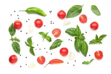 Fotobehang Fresh basil, cherry tomatoes and peppercorn on white background © Pixel-Shot