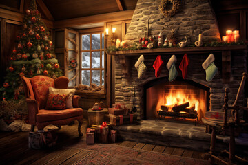 Cozy christmas scene with decorations, a warming fireplace and a christmas tree, Happy christmas, full of seasons greetings - obrazy, fototapety, plakaty