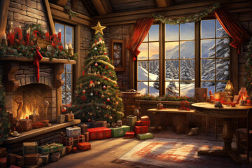 Fototapeta na wymiar Cozy christmas scene with decorations, a warming fireplace and a christmas tree, Happy christmas, full of seasons greetings