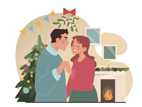 Christmas celebration. Cheerful family members, couple kissing