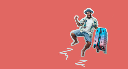 Funny portrait of an emotional jumping guy in a hat and Hawaiian shirt with a suitcase on wheels. Magazine style collage. Flyer with trendy colors, advertising copy space. Vacation and tourism concept