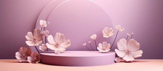 Minimal concept flower background with mauve color and geometric shape podium for displaying products premium illustration with pastel floral elements for beauty cosmetic and Valentines 