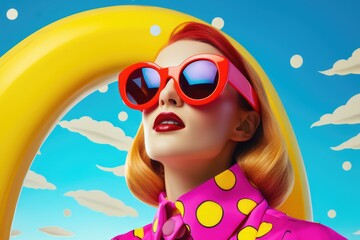 Going crazy for yellow banana fashion extravaganza, retro stylish woman with oversized sunglasses...