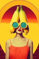 Going crazy for yellow banana fashion extravaganza, retro stylish woman with oversized sunglasses modelling everyone's favorite summer fruit with a ridiculously cool pop art like flair.      - obrazy, fototapety, plakaty