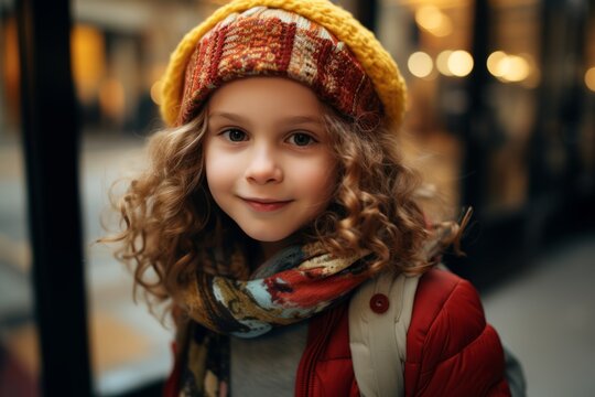 Portrait of a cute little girl in a warm hat and scarf.