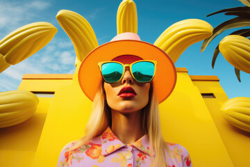 Going crazy for yellow banana fashion extravaganza, retro stylish woman with oversized sunglasses...