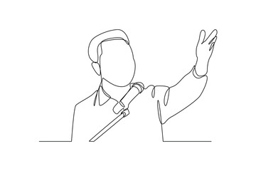 Official gave a speech. Official meeting, interview, communication with journalists, mass media. Person giving comments, speaking to reporters with microphones. Flat vector illustration