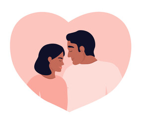 Couple in love in profile in the silhouette of a heart. A man and a woman are happy together. Vector graphics.