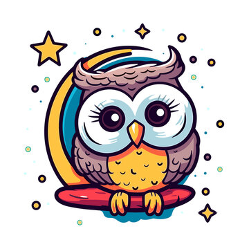 Owl with moon and stars cartoon , Illustration, Cartoon PNG