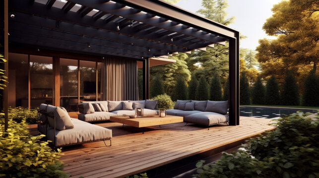 Modern patio / pergola design with soft furniture at sunset, surrounded by green trees, bushes and swimming pool