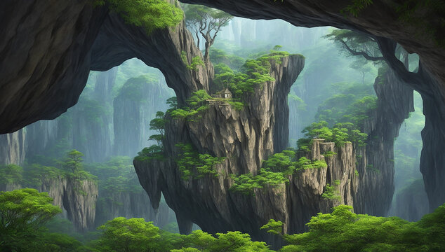 A majestic rock formation nestled within a dense jungle - AI Generative
