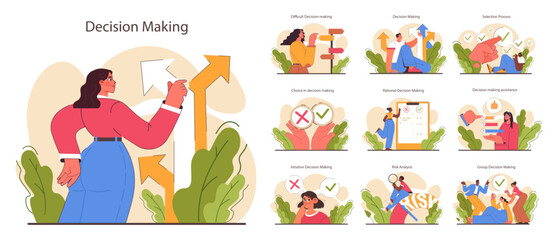 Decision-making set. Strategic thinking, brainstorming and solution research.