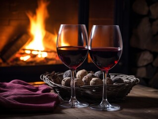  two glasses of red wine are in front of a fireplace