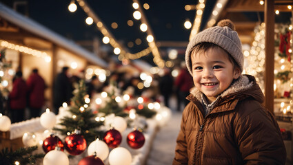 A smiling baby boy child at a Christmas market looking at christmas ornaments, christmas trees and lights, candles, white christmas snow happy holidays - obrazy, fototapety, plakaty