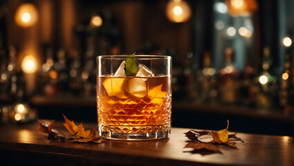 fall autumn old fashioned cocktail with leaves on table with bar lights in the backgrounds