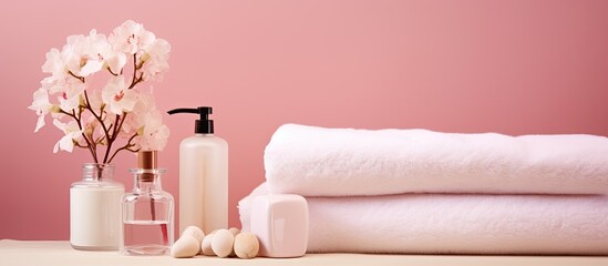 Fototapeta na wymiar Elegant bathroom interior with soft pastel pink decor towels soap dispenser white flowers and accessories on a shelf